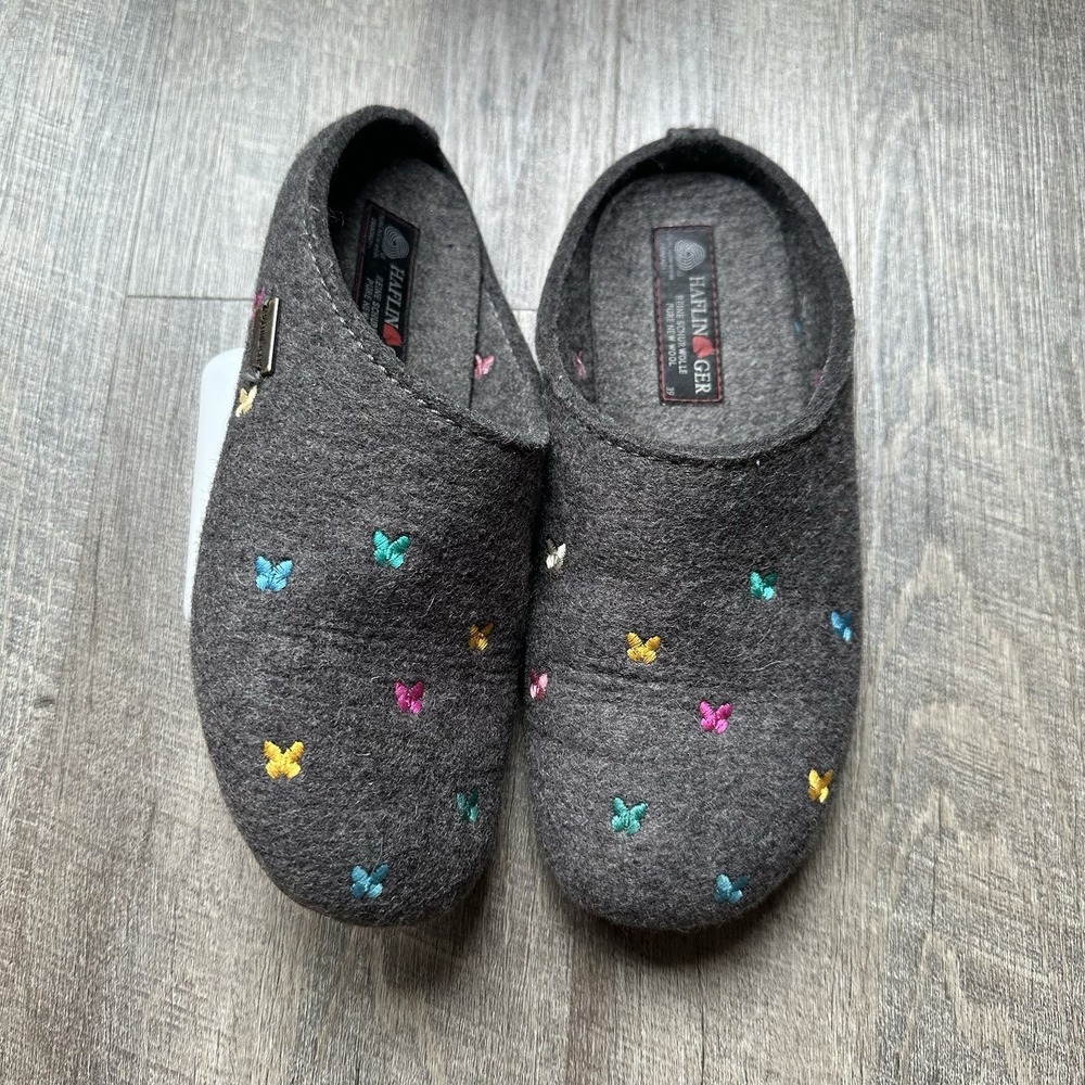 Haflinger‎ Gray Butterfly Flower Multi Slippers Womens 39 8 Clog Comfort Wool